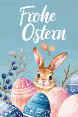 Bunte Osterkarte mit niedlichem Häschen und Ostereiern sowie Frohe Ostern-Text