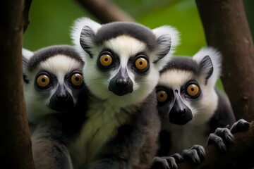 Naklejka premium A group of inquisitive lemurs hanging from the branches, their wide eyes staring directly at the camera against a lush forest green background.