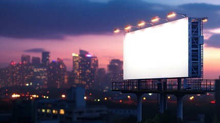 empty rectangular billboard against a city skyline background, marketing material