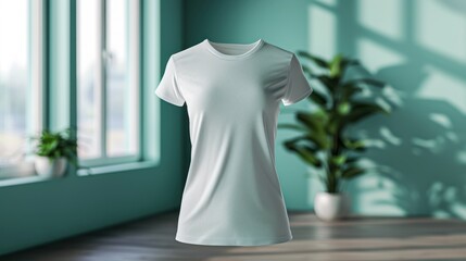 White t-shirt mockup with blurred background, apparel designs, branding, or promotional materials