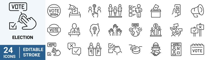 Election web line icons. Politics and diplomacy. Voting Related Vector Line Icons. Raising Hands, Electronic voting and more. Editable Stroke