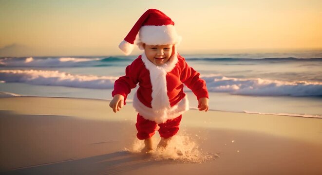 A baby wearing a Santa Claus hat surfing on the beach with a happy expression