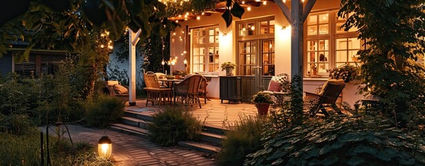 Fototapeta premium Summer evening on the porch of beautiful suburban house with lanterns in the garden,