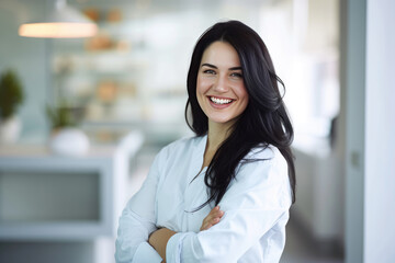 Beautiful and confident Caucasian female dentist with a friendly smile standing inside a blurry modern clinic