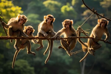 A group of monkeys swinging through the trees, their agile movements and playful antics adding life...