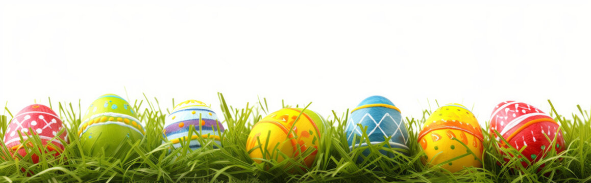colorful Easter eggs lying in lush grass. Banner white background. pastel Easter eggs in grass with room for text. Row of Easter Eggs on Fresh Green Grass. Easter holidays