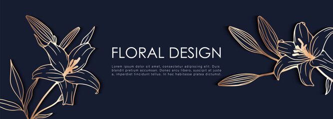 Luxurious floral design with golden lily flowers on a dark blue background. Floral background, wallpaper, cover design, poster, banner - obrazy, fototapety, plakaty