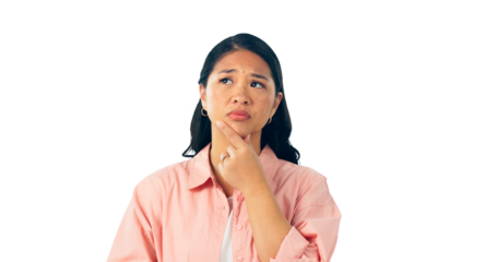 Thinking, doubt and confused woman planning, problem solving or decision isolated on a transparent png background. Idea, choice and serious Asian person with vision, brainstorming or remember memory