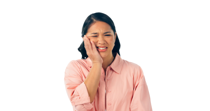 Woman, toothache and frustrated with pain for dental help or gum disease or sore, inflammation or injury. Asian person, hand and teeth or isolated transparent png background, healthcare or unhappy - Powered by Adobe