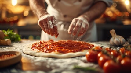 Dynamic and engaging scene of a skilled chef spreading rich tomato sauce on dough, meticulously preparing the foundation for a delectable pizza - obrazy, fototapety, plakaty