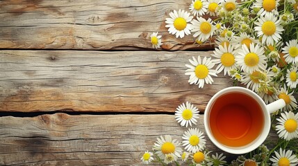 Cup of tea with flowers on wooden table, top view. Green black herbal tea
