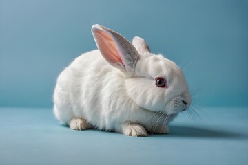 White Easter bunny rabbit on blue background. Easter day, Easter holiday concept.