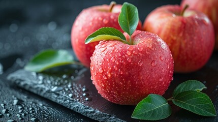 delicious apples presented on a sleek black tabletop, providing ample copy space for text, ideal for promotional or informational content.