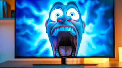 Startled Animated Monster on TV Screen in Modern Home Entertainment Setup
