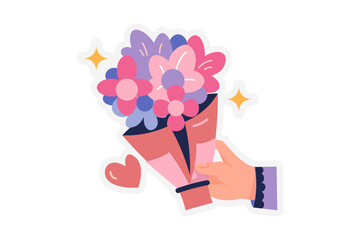 Hand holding a bunch of flowers. Flower bouquet in hand illustration. hand holding flower bouquet.