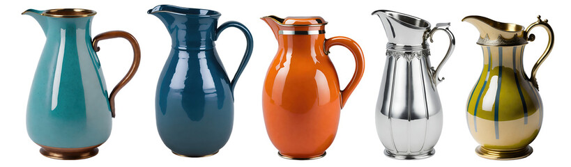 Set of various beautiful antique vintage jugs isolated on transparent background. Generative AI - obrazy, fototapety, plakaty