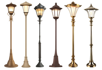 Set of various classic European style street lamppost isolated on transparent background. Generative AI - obrazy, fototapety, plakaty