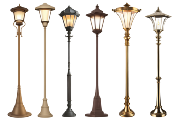 Set of various classic European style street lamppost isolated on transparent background. Generative AI