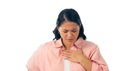 Chest, hand and woman with pain for heart attack, anxiety or breathing problem. Sick, heartburn and Asian female person with stress for indigestion on isolated, transparent and png background