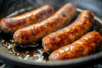 Fried sausage in a frying pan with herbs and spices parsley and rosemary on gray concrete surface background, top view. Grilled sausage in a frying pan on the table.
