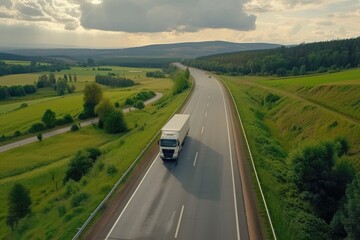 Truck driving on asphalt road along green landscape
