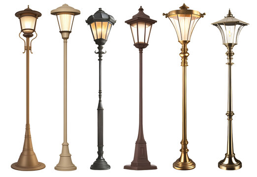 Set of various classic European style street lamppost isolated on transparent background. Generative AI