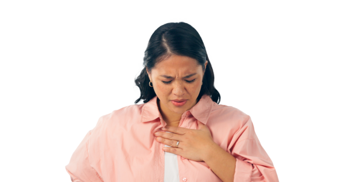 Chest, hand and woman with pain for heart attack, anxiety or breathing problem. Sick, heartburn and Asian female person with stress for indigestion on isolated, transparent and png background