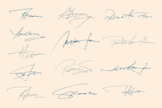 Signatures set. Fictitious handwritten signatures for signing documents on white background