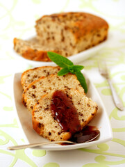Sponge cake with chocolate chunks.,