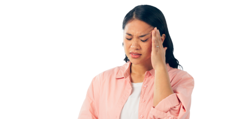 Woman, headache and hand with stress pain or vertigo migraine for burnout, dizzy or brain fog. Female person, sore and temple or isolated transparent png background for overthinking, anxiety or worry