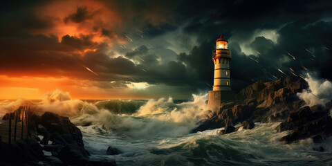 Lighthouse In Stormy Landscape - Leader And Vision Concept