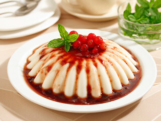 Pannacotta with red currants jam.