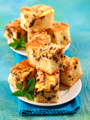 Sponge cake with custard and chocolate chunks.