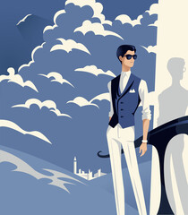 Portrait of a male character wearing sunglasses. Man in white pants. In the distance are the white towers of the city. A high-flying white bird. Flat minimal retro vector. Vintage character illustrati