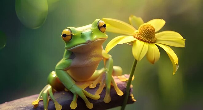 a green frog animal sitting on a flower branch