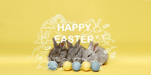 Two bunnies with Easter eggs and festive doodles on yellow background. Easter special email...