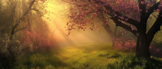Magical spring sunrise in blooming forest