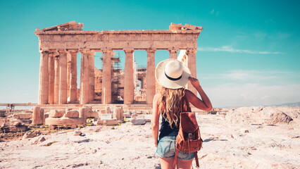 Traveler woman in Greece- Parthenon in Acroplis, Athens