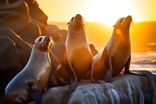 A group of playful sea lions basking in the sun on a rocky shoreline, their sleek bodies shining in the golden light.