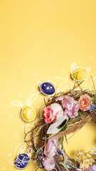 Easter wreath with flowers and decorated eggs on yellow background. Vertical layout. Floral shop promotional materials for spring wreath collections. Template for banner, poster, greeting card