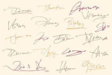 Fototapeta na wymiar Signatures set. Fictitious handwritten signatures for signing documents on white background