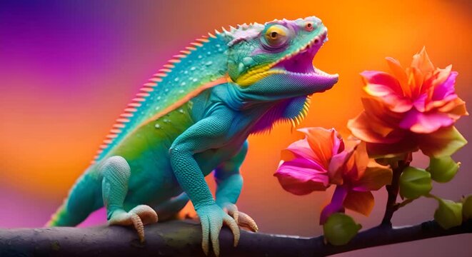 colorful iguana on flower branch