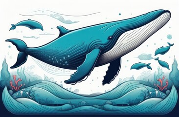 Obraz na płótnie Canvas engraved illustration of giant whale under water in ocean. sea wild life and animals