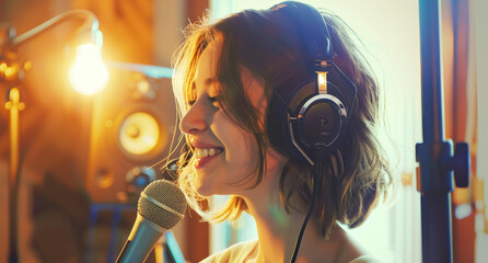 Happy singer in the recording studio