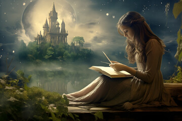 A young girl writes fantastic stories about magical castles and adventures. World Poetry Day. World Book Day.