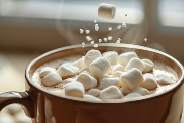 Fototapeta na wymiar Dark hot chocolate drink. selective focus. A Cup of hot cocoa or coffee with marshmallows sprinkled with cinnamon spices on a braun background. Small airy meringues are scattered nearby. Copy space.
