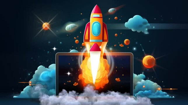 Rocket start up launching out of laptop. Seamless looping time-lapse  video animation background