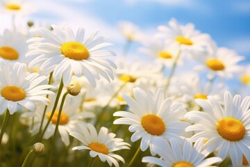 Fototapeta premium Lovely blossom daisy flowers background. Sunny meadow closeup. Daisies, wild herbs and flowers.