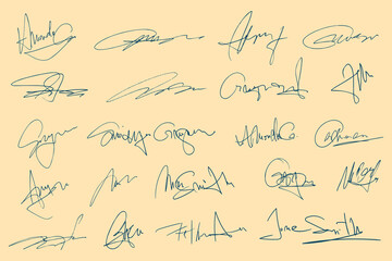 Signatures set. Fictitious handwritten signatures for signing documents on white background
