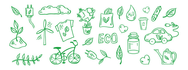 Set of ecology. Hand-drawn doodle vector illustration. Ecology problem, recycling and green energy icons. Environmental symbols.